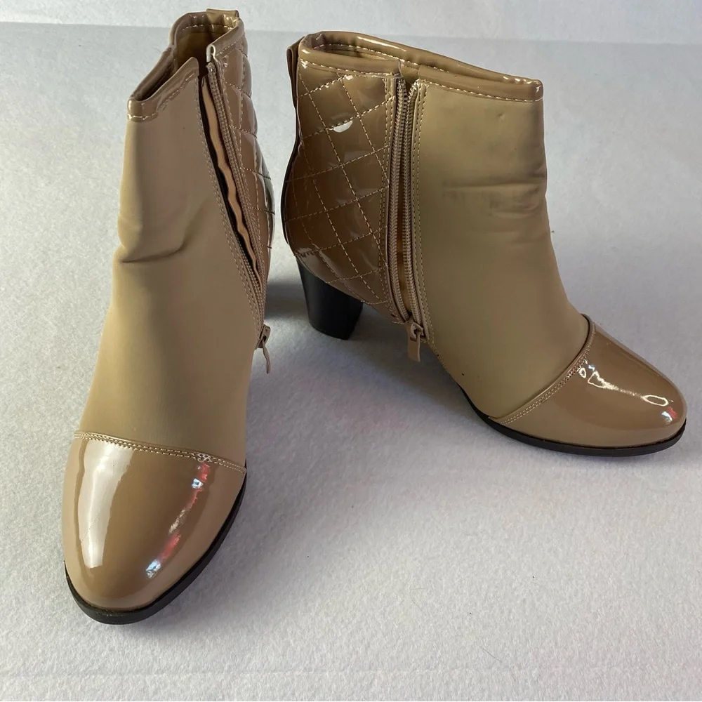Tan Quilted Ankle Boots Sz 8 with side zipper 2” heel Comfortable Casual Dressy